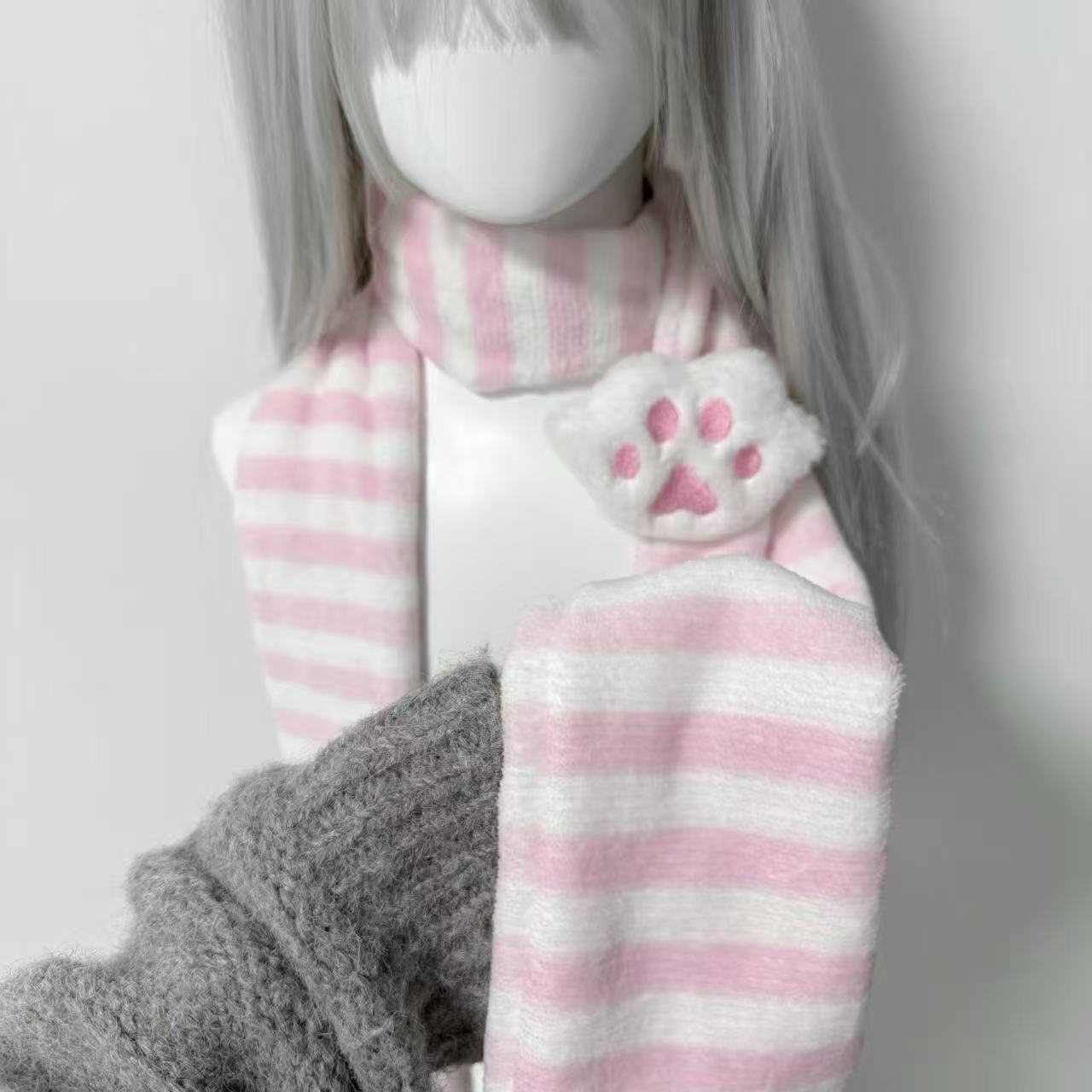 Travel Accessories Aesthetic - かわいいニーデッドスカーフ猫の足装飾ストライプスカーフ Y2K 秋冬かわいい保温スカーフサブカルチャーアクセサリー